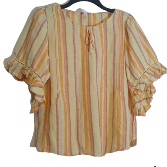 LC Lauren Conrad Tops - LC Lauren Conrad Peasant Top with Warm Toned Stripes Ruffle Sleeves Size Medium